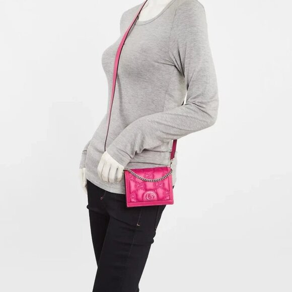 Gucci Fuchsia Quilted GG Nylon and Leather Marmont Mini Wallet on Chain Bag - Picture 2 of 10